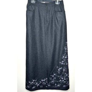 Eddie Bauer Womens Long Skirt Wool Blend Charcoal Grey Embroidered Lined Size 8